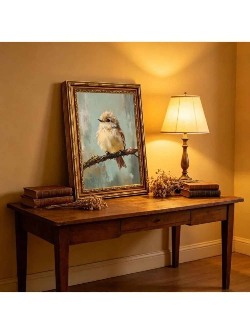 Vintage Gold Framed Bird Canvas Art - Beige Sparrow Wall Decor for Home